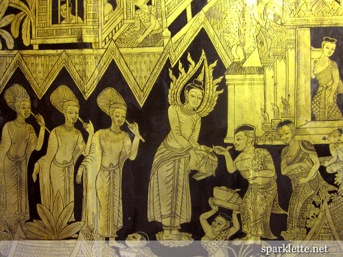 Ayutthaya-style paintings in gold on black lacquer at Suan Pakkad Palace, Bangkok