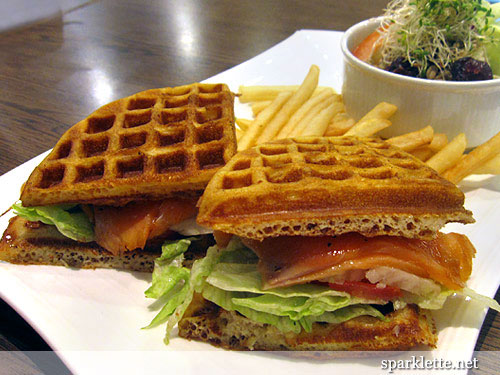 Waffle smoked salmon marinated with organic honey