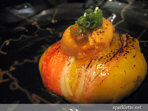 Pumpkin with sea urchin, crab stick, scallop & salmon roe