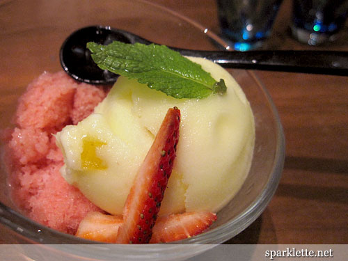 Yuzu ice cream on strawberry sherbet