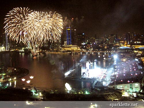 Fireworks by the floating stadium, as seen from the Singapore Flyer