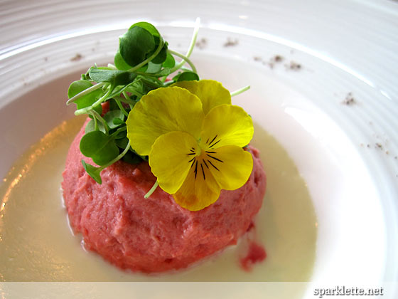 Beetroot cake with Robiola cheese fondue