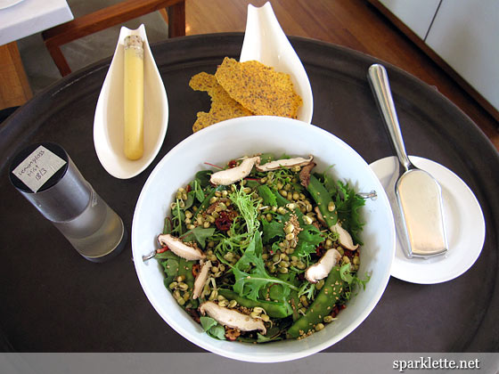 Salad with mung beans, shiitake mushrooms, sesame seeds, snow peas and red dates