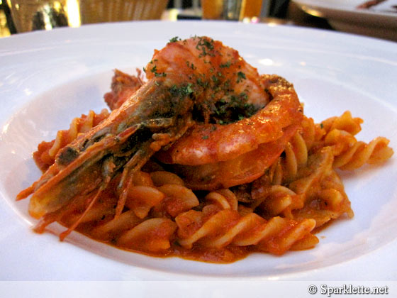 Pasta with prawns, Porcini mushrooms in tomato and light pumpkin sauce